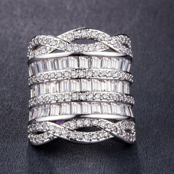 Luxury Silver  Princess Cut White Sapphire Ring - Picture 3 of 4